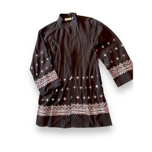 VTG Exterior Aztec Boho Embroidered Open Sides Midi Tunic Women's Black S